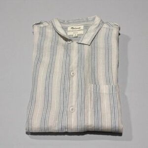 MADEWELL - Easy fit Button down 100% Linen Short Sleeve Shirt - Ivory & Blue